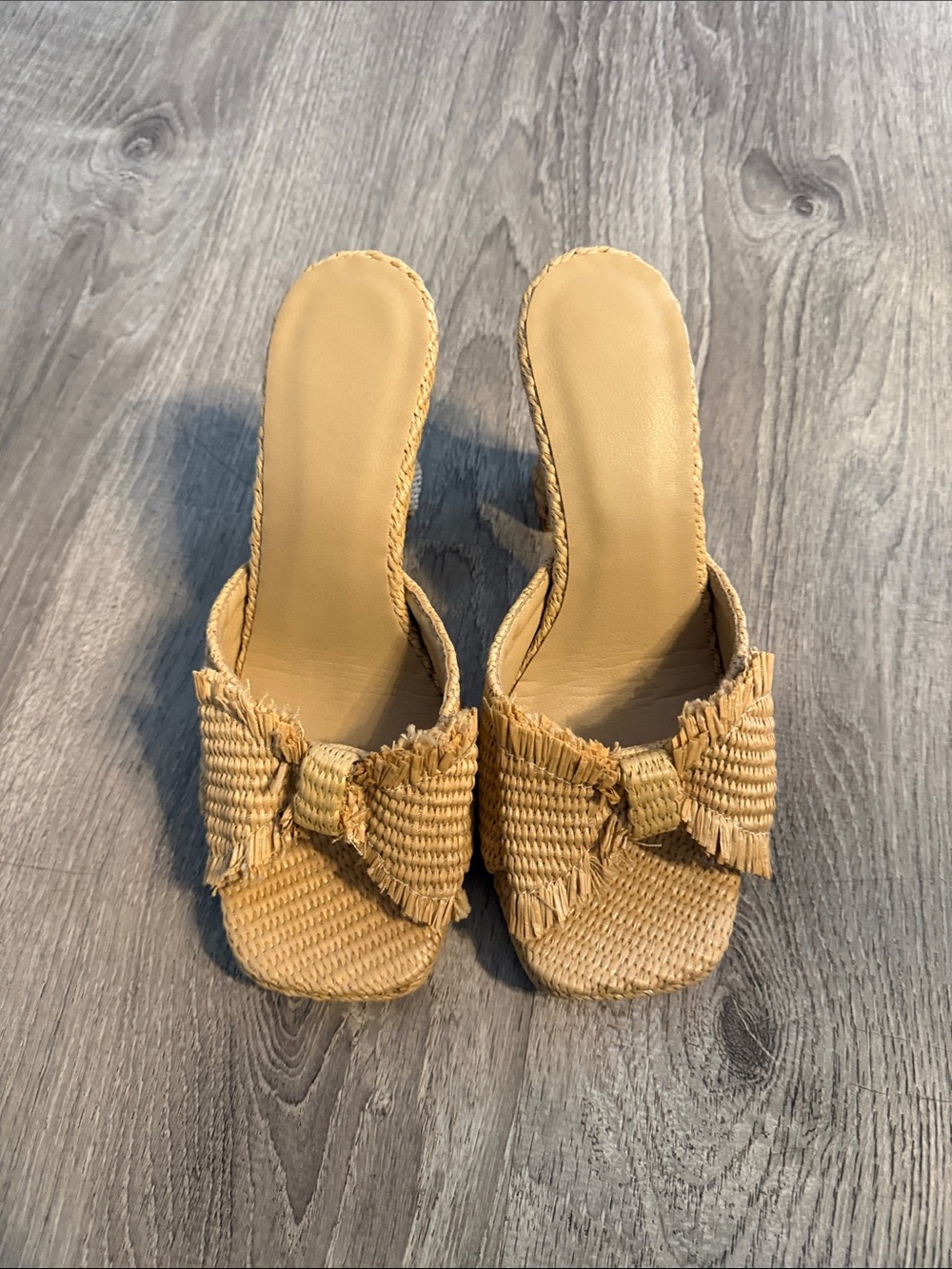 Woven Open-Toe Heeled Mules in Natural Tan boho straw bow summer 9 - Picture 2 of 4